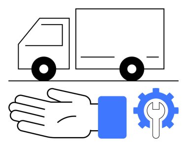 Kamyon sağa dönük, uzanmış el aşağı ingiliz anahtarlı mavi dişli. Lojistik, dağıtım, destek, servis, bakım onarımı için ideal. Satır metaforu