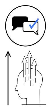 Konuşma baloncukları ve yükselen oklar fikirlerin büyüme konuşmalarını temsil ediyor. İletişim, yaratıcılık, ilerleme, başarı, eğitim, yenilik ve motivasyon için ideal. Çizgi