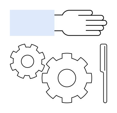 İki vitesin altında el hareketi ve mekanik düzeneği temsil eden bir çubuk. Mühendislik, mekanik, takım çalışması, işbirliği, teknik eğitim, endüstri, süreç optimizasyonu için ideal. Satır metaforu