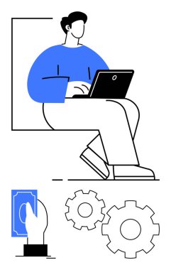 Otururken dizüstü bilgisayar kullanan biri. Altında para ve vites simgeleri olan biri. Uzaktan çalışma, çevrimiçi ödeme, serbest çalışma, otomasyon, mali yönetim, teknoloji endüstrisi, iş için ideal