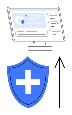 Bilgisayar monitörü sağlıkla ilgili verileri, büyük mavi tıbbi kalkanı ve yukarı bakan oku gösteriyor. Sağlık, sigorta, veri güvenliği, sağlık hizmetleri, iş büyümesi, sağlık teknolojisi için ideal