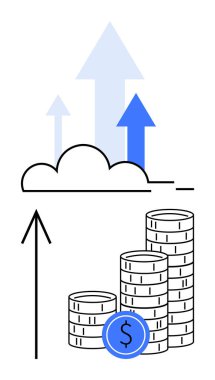 Yükselen oklu bozuk para yığınları, yükselen oklarla bulut büyümeyi, başarıyı ve yatırımı simgeliyor. Finansal büyüme, yatırım, iş başarısı, ekonomik kalkınma ve zenginlik için ideal