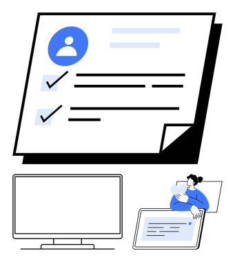 Kontrol listesi olan dijital profil, bilgisayar monitörü ve tablet kullanan kişi. Proje yönetimi, çevrimiçi profiller, görev tamamlama, dijital kimlikler, uzaktan çalışma, üretkenlik için ideal