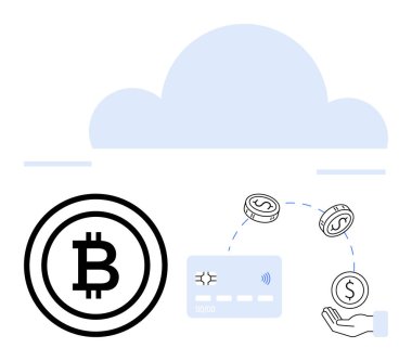 Bitcoin logosu, kredi kartı, madeni paralar, el ele tutuşmalar ve dijital işlemleri ve bulut deposunu simgeleyen bulut. Finans, kripto para birimi, dijital bankacılık ve fintech çevrimiçi ödemeler için ideal