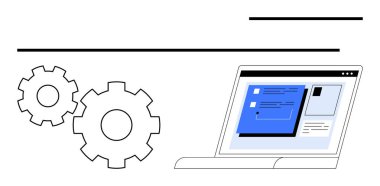 İç içe geçmiş viteslerin yanında mavi ve beyaz arayüzü gösteren dizüstü bilgisayar. Süreç otomasyonu, sistem entegrasyonu, teknoloji geliştirme, iş akışı yönetimi, yazılım mühendisliği, dijital