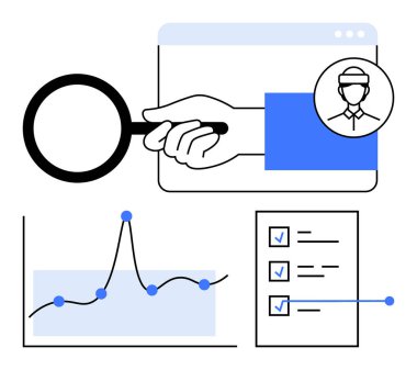 Cam kullanıcı simgesi grafik kontrol listesi büyütülüyor. Veri analizi, kullanıcı araştırması, dijital güvenlik, verimlilik, verimlilik, izleme, iş stratejileri için ideal. Satır metaforu