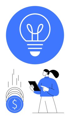 Elinde tablet tutan iş kadını, büyük bir ampul simgesinin altında dolar işaretleri olan madeni para yığınları ile temsil edilen finansal büyümeyi analiz ediyor. İş stratejisi, yenilik ve finans için ideal