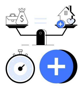 Para dengeleme ve ev kronometre simgesi ve mavi artı işareti. İş hayatı dengesi, öncelikler, zaman yönetimi, akıl sağlığı, yaşam tarzı, eşitlik, motivasyon için idealdir. Satır metaforu