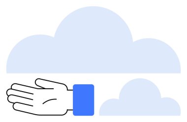 Mavi bulutların altında uzanan eller. Destek, bağlantı, teknoloji, işbirliği, yardım, hizmet ve bulut hesaplama konuları için idealdir. Uzanmayı ve yardım sağlamayı sembolize ediyor. Çizgi