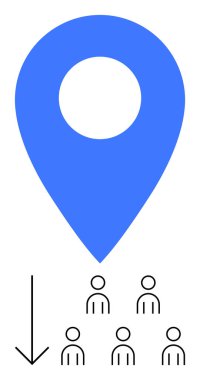 Mavi lokasyon, aşağı doğru siyah ok, beş ana hatlı insan figürü. Navigasyon, yön bulma, takım çalışması, etkinlikler, kitle kaynakları, toplantılar, yerelleştirme için ideal. Satır metaforu
