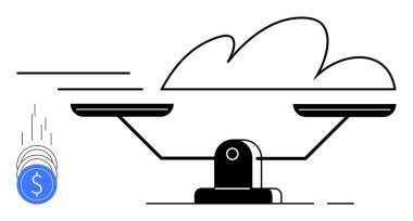 Bulut ve mavi sikkeleri dolar işaretleriyle dengelemek. Mali yönetim, teknoloji entegrasyonu, maliyet-fayda analizi, iş büyümesi, yatırım stratejileri, bulut hizmetleri için ideal