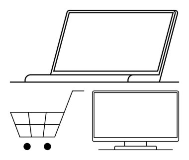 Masada dizüstü bilgisayar, alışveriş arabası ve bilgisayar monitörü. E-ticaret, çevrimiçi alışveriş, dijital araçlar, teknoloji, web tasarımı dijital pazarlama işi için ideal. Satır metaforu