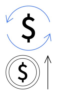 Mavi dairesel oklardaki dolar işareti geri dönüşümü ya da tekrar eden geliri gösteriyor. Yükselen madeni para sembolü finansal büyüme ve yatırım iadesini gösteriyor. Finans, bankacılık, ekonomi ve kâr için ideal