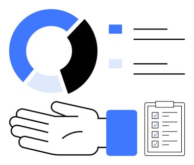 Uzanan eller, kesitli pasta grafiği, işaretli kontrol listesi. Temalar için ideal destek, analiz, organizasyon, yardım, veri planlama verimliliği. Satır metaforu