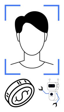 Avatar yüz tanıma çerçevesi, dolar parası ve yapay zekayı temsil eden dost canlısı robot, fintech, otomasyon. Teknoloji için ideal, fintech, yapay zeka güvenlik otomasyonu yeniliği dijital kimlik. Çizgi