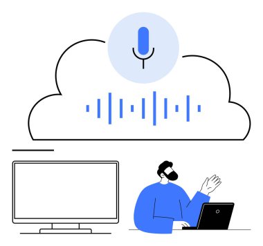 Diz üstü bilgisayarlı, üzerinde mikrofon ve ses dalgaları olan büyük bir bulut. Ön plandaki boş monitör. Ses teknolojisi, bulut bilgisayarı, telekomünikasyon, uzaktan çalışma, sanal toplantılar için ideal
