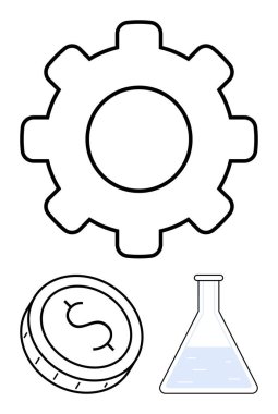 Büyük teçhizat, madeni para ve sıvıyla dolu matara imalatı, finansal yatırımı ve bilimsel araştırmayı sembolize eder. Ticari kalkınma için ideal, ekonomik büyüme, endüstriyel ilerleme, bilimsel