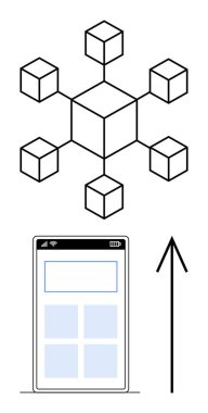 Birbirine bağlı küplere sahip blok zinciri şeması, altında mobil arayüz tasarımı ve yukarı bakan bir ok. Engelleme zinciri kavramları, kripto para birimi, teknoloji yeniliği ve mobil için ideal