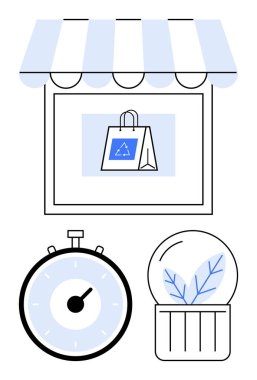 Vitrinde tente, geri dönüşümlü alışveriş çantası, saati gösteren kronometre, saksıda filizlenen bitki. Sürdürülebilirlik, perakende satış, çevre dostu ürünler, zaman yönetimi, çevre bilinci için ideal