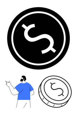 Üzerinde insan figürü olan büyük siyah para sembolü mavi gömlek ve daha küçük bir para çizimi var. Finansal uygulamalar, yatırım rehberleri, bankacılık hizmetleri, iş planlaması için ideal