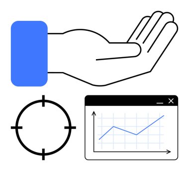 Desteği sembolize eden açık el, ilerleme gösteren büyüme tablosu ve hedef belirleme için hedef reticle. İş stratejisi, mali planlama, hedef başarısı, destek ağları ve analitik için ideal