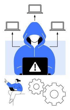 Kapüşonlu bilgisayar korsanı uyarı işareti ile dizüstü bilgisayar üzerinde çalışıyor, birden fazla dizüstü bilgisayara bağlanan oklar, dişliler ve bilişim uzmanı izleme verileri. Siber güvenlik eğitimi için ideal, teknoloji blogları, çevrimiçi güvenlik