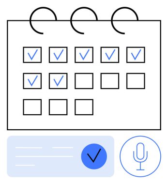 Birkaç tarihte işaretlenmiş kutular, boş kutular, işaretli mavi not bölgesi ve mikrofon sembolü olan takvim. Planlama, üretkenlik, hatırlatıcılar, programlama, günlük görevler için ideal