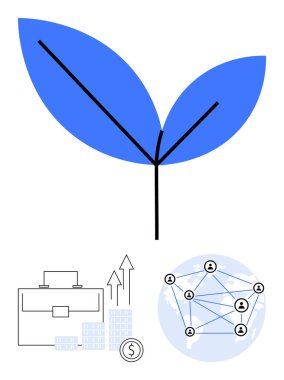 Mavi filiz büyümeyi simgeliyor. İş çantası, yükselen grafik ve ağ düğümleri. İş stratejisi, mali büyüme, ağ geliştirme, sürdürülebilirlik ve ekonomik genişleme için ideal