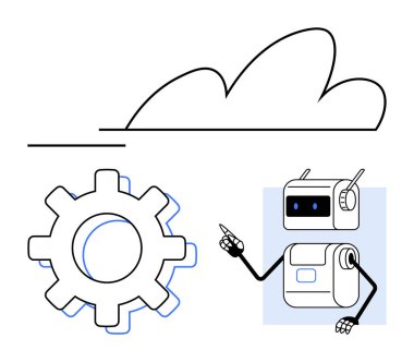 Bulut şekilli teçhizat ve robot, modern teknolojiyi, dijital dönüşümü, otomasyonu ve yeniliği temsil eder. Teknoloji, bilişim, yapay zeka, bulut hesaplama, otomasyon, fütürist