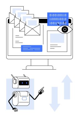 E- postalarlı bilgisayar ekranı, ikili kodlu göz simgesi ve robot