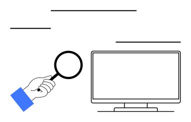 Mavi kollu bilgisayar monitörünün yanında el ele tutuşan büyüteç. Arama, analiz, araştırma, SEO, eğitim, dijital pazarlama denetimi için ideal. Satır metaforu