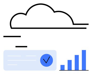 Veri tablosu ve mavi işaretli bulut simgesi bir bar tablosunun yanında. Bulut depolama, veri güvenliği, analitik, iş büyümesi, ilerleme izleme, teknoloji, bilgi sistemleri için idealdir. Çizgi