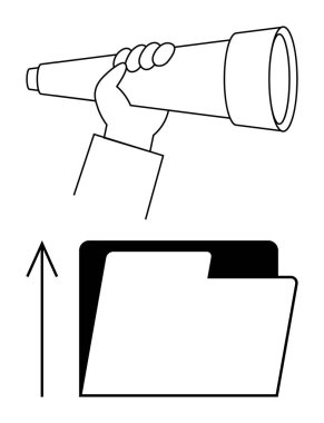 Yukarı bakan bir ok ve klasörün üzerinde teleskopu tutan bir el. Ticari büyüme, vizyon, hedefler, gelecek planlama, keşif, araştırma, strateji başarısı için ideal. Satır metaforu
