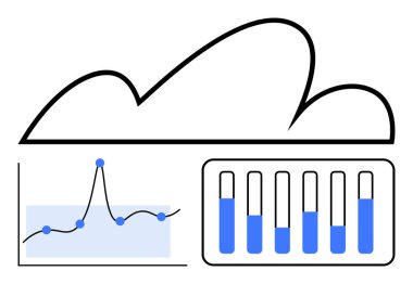 Çizgi grafiği ve mavi çizelgesi olan bir bulut. Teknoloji, veri analizi, iş dünyası, bulut hesaplama, istatistik, yenilik, araştırma için ideal. Satır metaforu