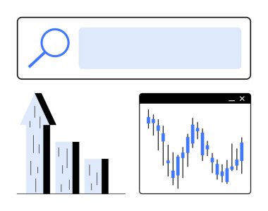 Büyüteçle arama çubuğu, çizelgede yukarı doğru ok, tarayıcı penceresinde çizgi grafiği. Veri analizi, iş büyümesi, pazar eğilimleri, araştırma, istatistik, çevrimiçi arama finans için ideal