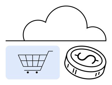 Alışveriş arabasının üstünde bulut ve dolar işaretli bir bozuk para. E-ticaret, bulut depolama, finans, dijital işlemler, modern iş, teknoloji, veri yönetimi temaları için idealdir. Satır metaforu