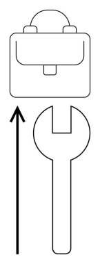 Bavul ve ingiliz anahtarı yukarı doğru ok ile. Kariyer büyümesi, gelişme, başarı, beceri, hırs, iş, yenilik için idealdir. Satır metaforu
