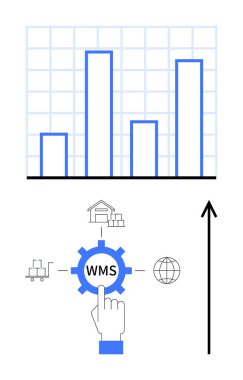 Grafik deposu küresi ve ok WMS 'teki verimlilik ve büyümeyi vurguluyor. Lojistik, işlemler, iş stratejisi, veri analizi, iş akışı optimizasyonu ve teknoloji için ideal