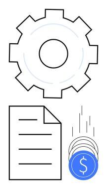 Belgenin üstündeki vites simgesi ve düşen paralar. Finans, iş stratejisi, operasyonel verimlilik, bütçe planlaması, maliyet azaltma, işlem optimizasyonu ve otomasyon için ideal. Satır metaforu