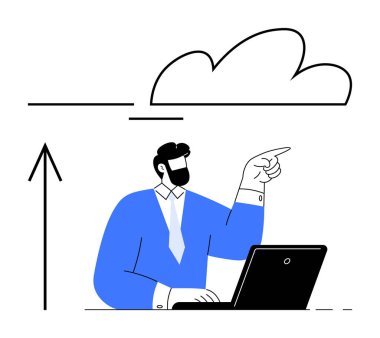 Mavi takım elbiseli iş adamı dizüstü bilgisayarını kullanarak yukarı doğru ok ile bulutu işaret ediyor. Bulut hesaplama, iş büyümesi, teknoloji, yenilik, veri depolama, dijital dönüşüm, şirket için ideal