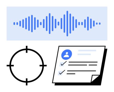 Mavi ses dalgası deseni, siyah kesişme noktası ve listeli belge. İletişim, hassasiyet, veri analizi, belgeler, proje yönetim organizasyonunu hedef almak için ideal. Satır metaforu