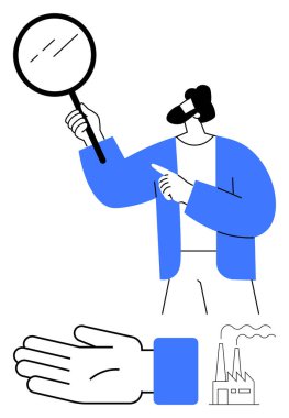 Büyüteç tutan, fabrikayı işaret eden, dumanı serbest bırakan adam. Analiz, teftiş, detaylara dikkat, endüstri, üretim, verimlilik ve kalite kontrolü için ideal. Satır metaforu