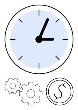 Siyah elli büyük bir saat, işi ve verimliliği simgeleyen iki vites, ve çemberin içinde bir dolar işareti. Üretkenlik, iş stratejisi, iş verimliliği, mali planlama ve zaman için ideal