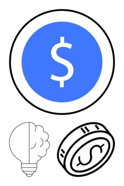 Beyni olan bir ampul, çemberin içinde mavi dolar işareti ve dolar işareti olan bir bozuk para. Finans, yatırım, yenilik, yaratıcılık, tasarruf stratejisi için idealdir. Satır metaforu