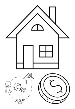 Ev, anahtar, vites ve insanlar, ev, ev, ev sahipliğini vurgulayan bir madeni para, emlak yatırımı, mali planlama, emlak yönetimi, ipotek süreçleri, ticari işlemler