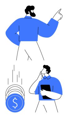 Bir tartışmada iki iş adamı, biri kendinden emin bir şekilde ilerlemeye, diğeri ise tabletle düşünmeye dikkat çekiyor. Finans, iş stratejisi, takım çalışması, liderlik, planlama, yatırım için ideal