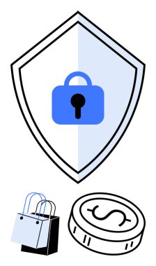 Mavi kilit sembollü kalkan, alışveriş torbaları ve madeni para ticareti güvenliği. Çevrimiçi alışveriş, dijital işlemler, siber güvenlik, tüketici koruması, mali güvenlik ve güvenlik için ideal