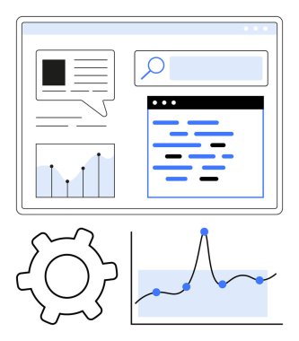 Arayüz ögeleri arasında tarayıcı penceresi arama çubuğu sohbet kutusu teçhizatı, grafik bulunmaktadır. Web, v20 tasarım, SEO, analitik, dijital pazarlama, analiz, kullanıcı deneyimi için ideal. Satır metaforu