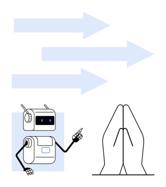 Robot üç oku sağ tarafa doğru katladı. Teknoloji için ideal yapay zeka, ruhani rehberlik, ilerleme, yön, gelecek, yenilik. Kombinasyon tasviri. İnsan-robot etkileşimini vurguluyor. Çizgi