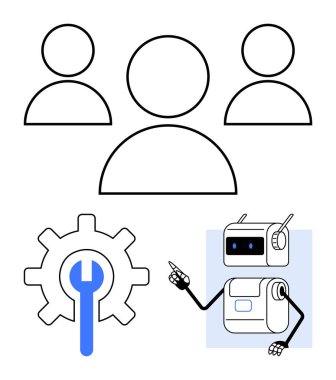 Üç basit kullanıcı simgesi mavi anahtarı olan bir dişli ve işaretli bir robot. Takım çalışması, işbirliği, robot bilimi, teknoloji, yenilik, destek, mühendislik için ideal. Satır metaforu